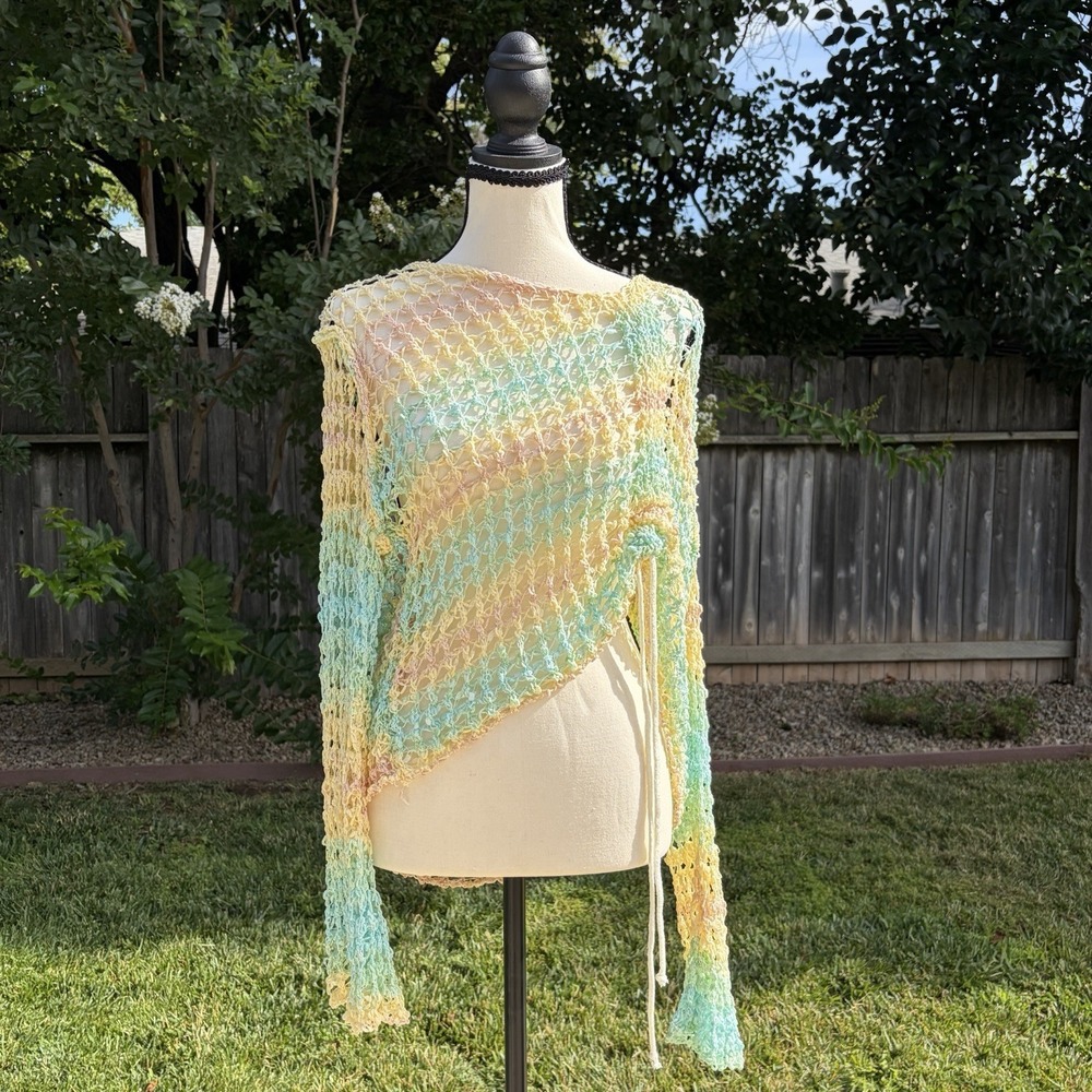 POL Crochet Knit Pullover Oversized Rainbow Striped Sweater Cottagecore Pastel S